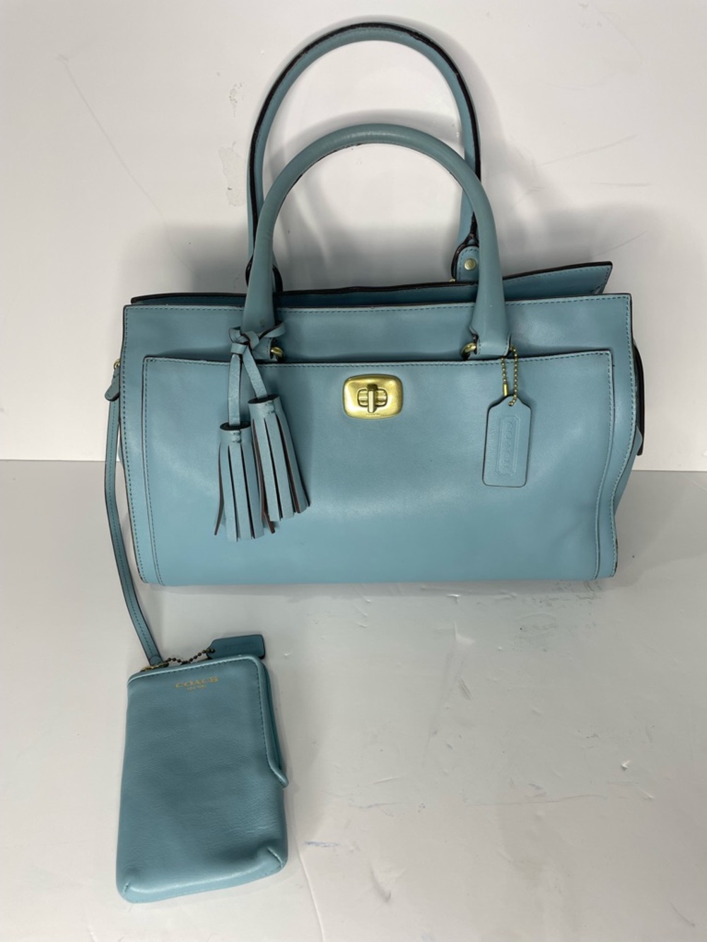 Authentic Coach Legacy Chelsea Carryall Light Blue Tassels & Wristlet Leather